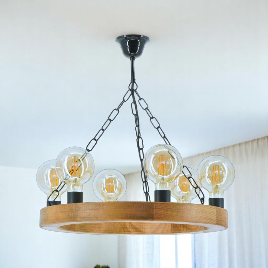 Lampadario a sospensione con catena IOS 6xE27/60W/230V diametro 50 cm faggio