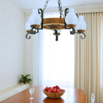 Lampadario a sospensione con catena ROATA 5xE14/40W/230V diametro 30 cm faggio