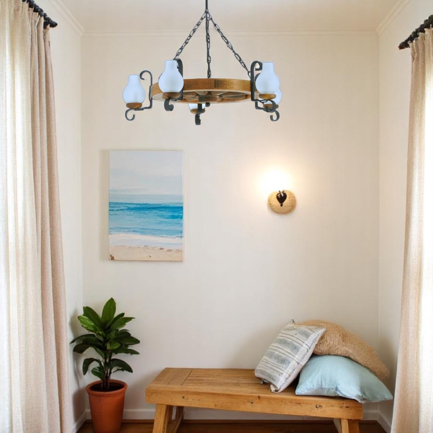 Lampadario a sospensione con catena ROATA 5xE14/40W/230V diametro 70 cm faggio