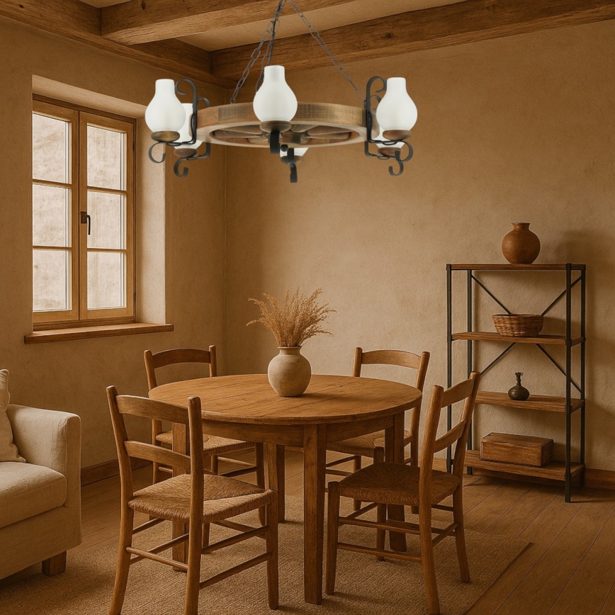 Lampadario a sospensione con catena ROATA 6xE14/40W/230V diametro 70 cm faggio