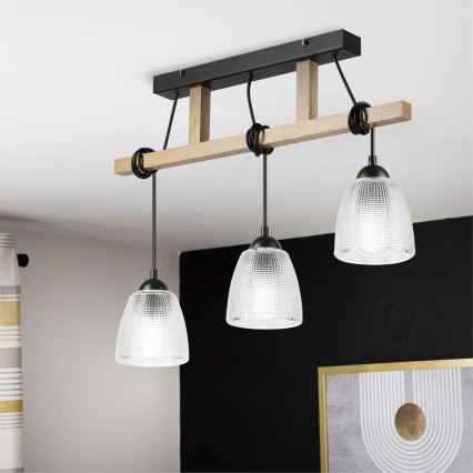 Lampadario a sospensione con cavo LEANDRA 3xE27/15W/230V rovere/nero