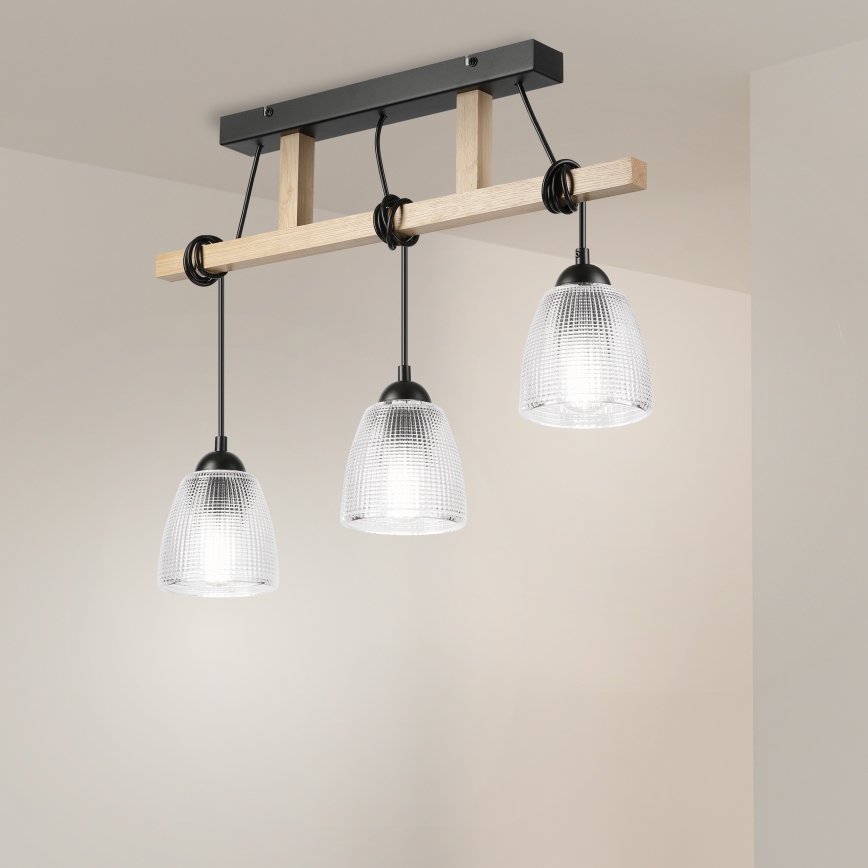 Lampadario a sospensione con cavo LEANDRA 3xE27/15W/230V rovere/nero