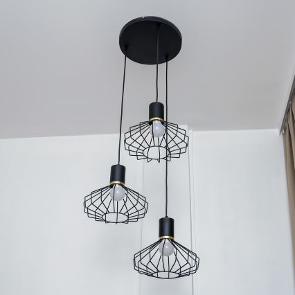 Lampadario a sospensione con cavo SOLANO 3xE27/15W/230V nero/oro