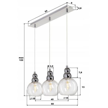 Lampadario a sospensione con filo AKSO 3xE14/40W/230V argento