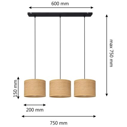 Lampadario a sospensione con filo ALBA 3xE27/15W/230V marrone/nero