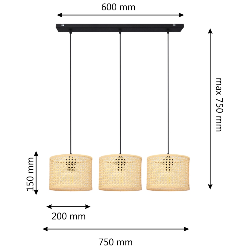 Lampadario a sospensione con filo ALBA 3xE27/15W/230V rattan/nero