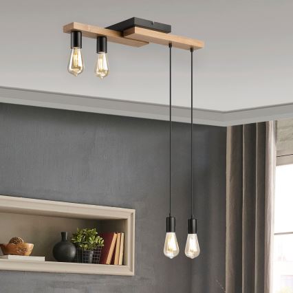 Lampadario a sospensione con filo CORTINA 4xE27/15W/230V nero/quercia