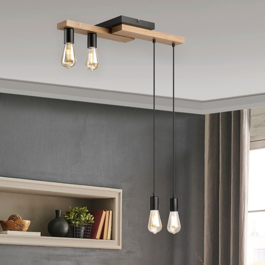 Lampadario a sospensione con filo CORTINA 4xE27/15W/230V nero/quercia