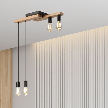 Lampadario a sospensione con filo CORTINA 4xE27/15W/230V nero/quercia