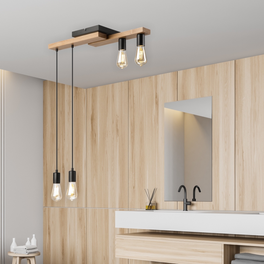 Lampadario a sospensione con filo CORTINA 4xE27/15W/230V nero/quercia