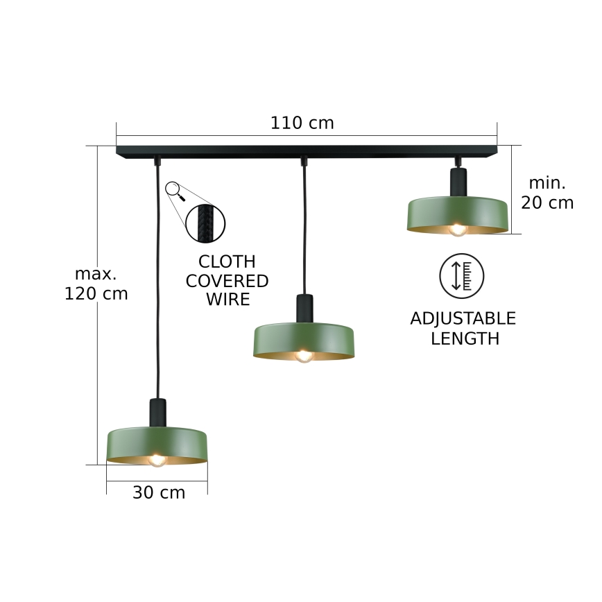 Lampadario a sospensione con filo HAKI 3xE27/60W/230V verde/nero