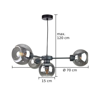 Lampadario a sospensione con filo KALIOPE 4xE27/60W/230V nero/fumé nero