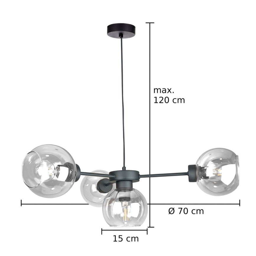 Lampadario a sospensione con filo KALIOPE 4xE27/60W/230V nero/limpido