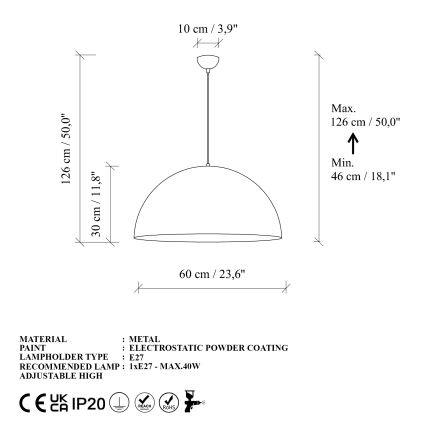 Lampadario a sospensione con filo KURE 1xE27/40W/230V oro