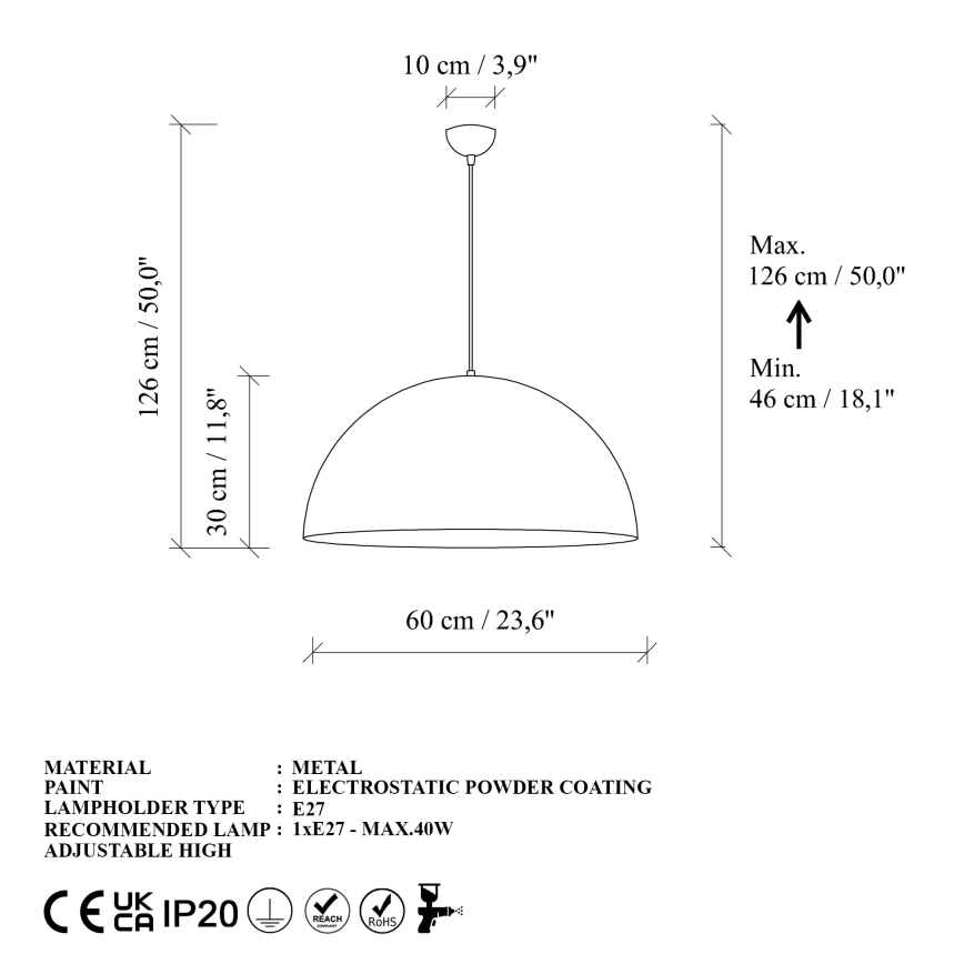 Lampadario a sospensione con filo KURE 1xE27/40W/230V oro