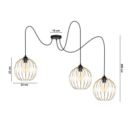 Lampadario a sospensione con filo MATT 3xE27/60W/230V ragno nero/oro