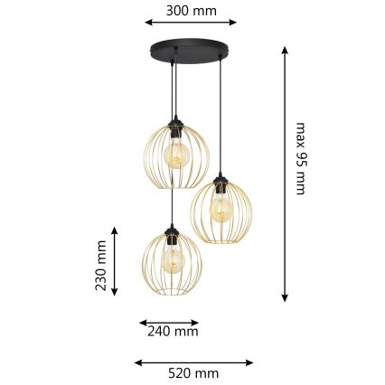 Lampadario a sospensione con filo MERCURE 3xE27/15W/230V oro/nero