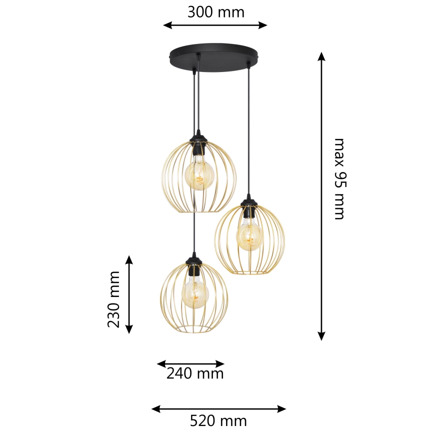 Lampadario a sospensione con filo MERCURE 3xE27/15W/230V oro/nero