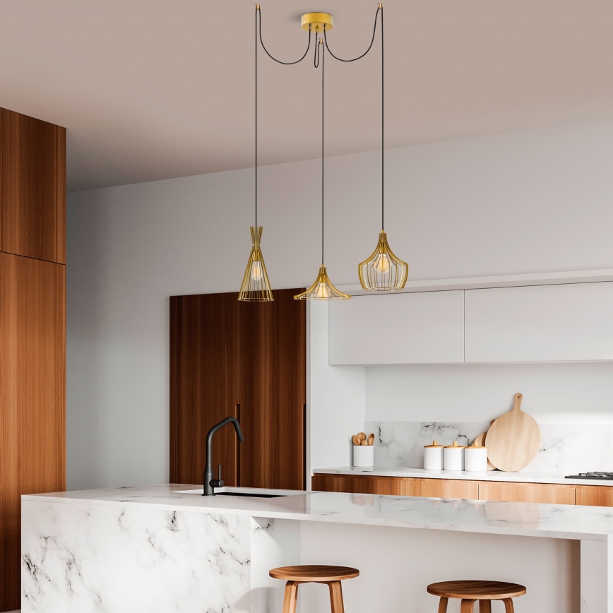 Lampadario a sospensione con filo MEZOPOTAMYA 3xE27/40W/230V ragno oro