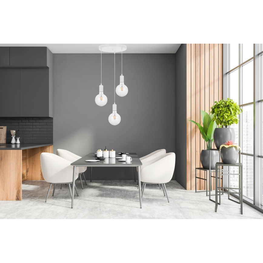 Lampadario a sospensione con filo MIROS 3xE27/60W/230V tondo bianco
