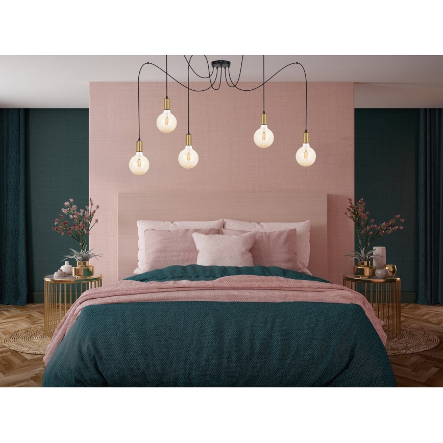 Lampadario a sospensione con filo MIROS 5xE27/60W/230V ragno nero/oro