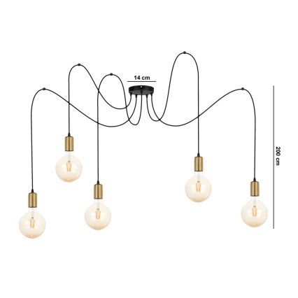 Lampadario a sospensione con filo MIROS 5xE27/60W/230V ragno nero/oro