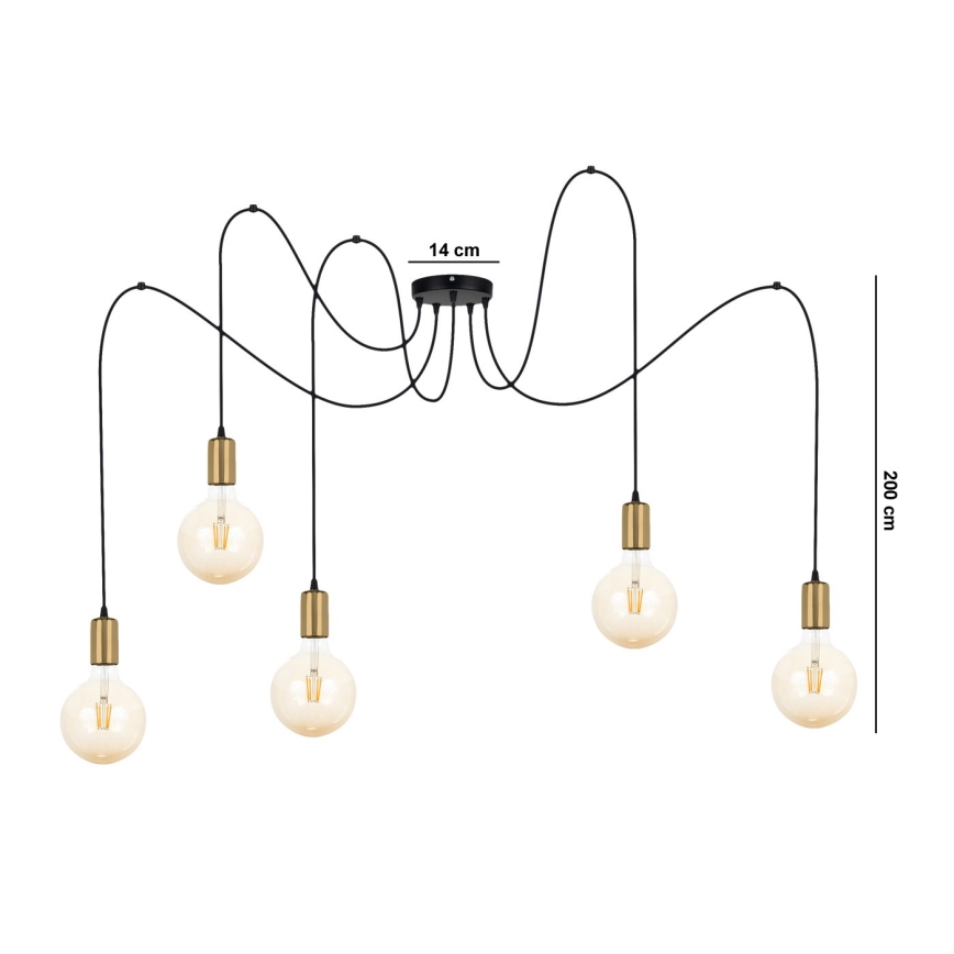 Lampadario a sospensione con filo MIROS 5xE27/60W/230V ragno nero/oro