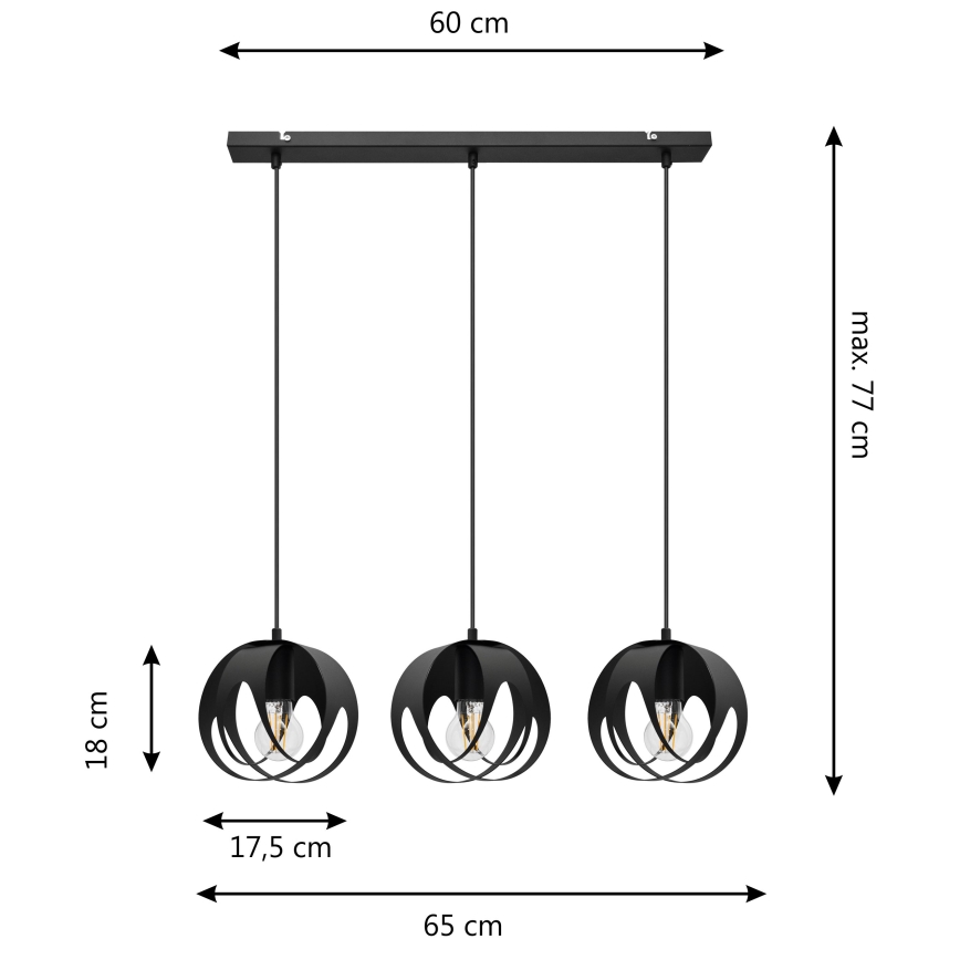 Lampadario a sospensione con filo MOONLIGHT 3xE27/15W/230V nero