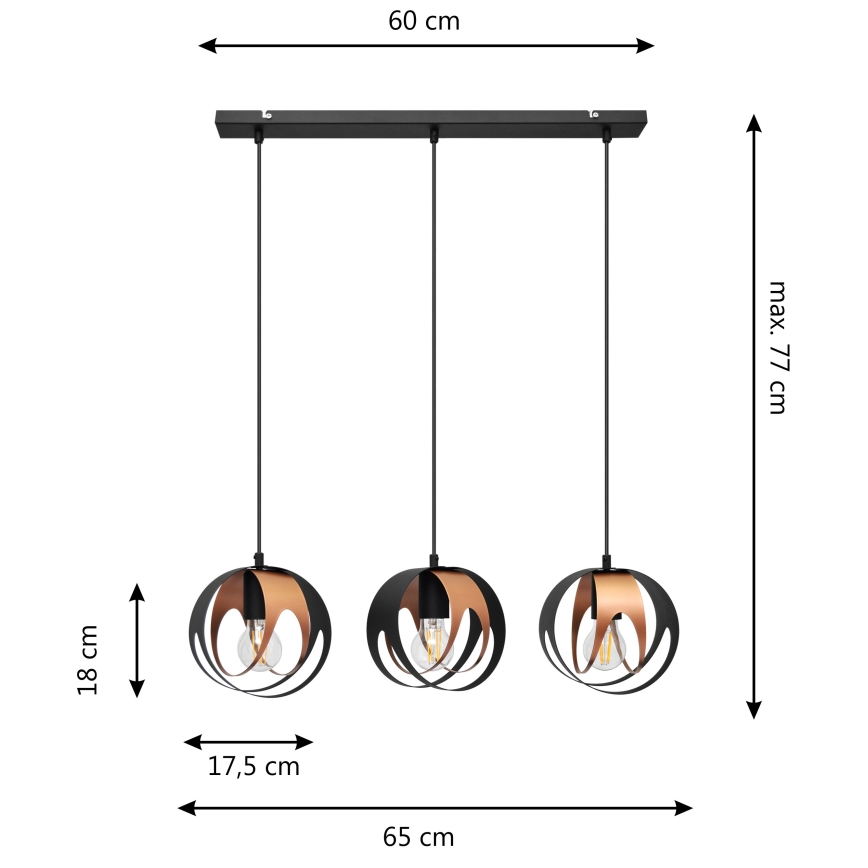 Lampadario a sospensione con filo MOONLIGHT 3xE27/15W/230V nero/rame