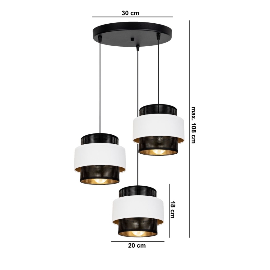 Lampadario a sospensione con filo NESS 3xE27/60W/230V diametro 45 cm nero/bianco