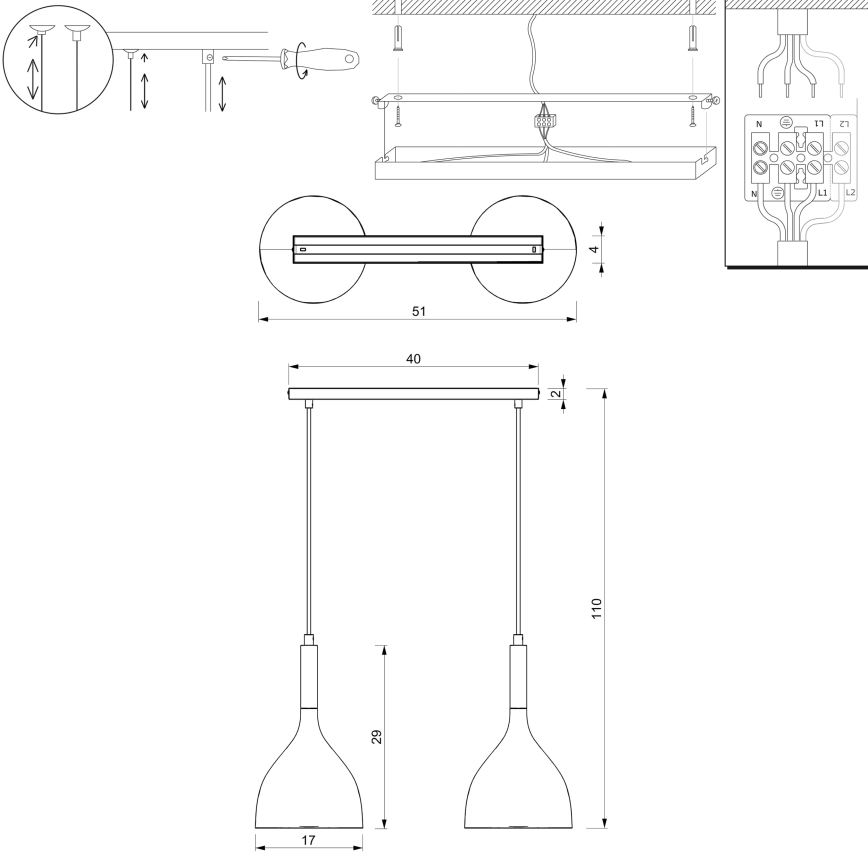 Lampadario a sospensione con filo NOAK 2xE27/15W/230V nero/cromo lucido