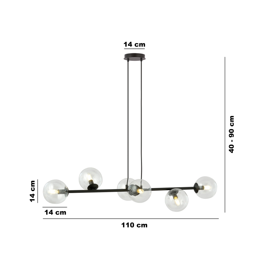 Lampadario a sospensione con filo ROSSI 6xE14/10W/230V nero/limpido