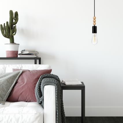Lampadario a sospensione con filo SIMON 1xE27/60W/230V nero/faggio - FSC certificato