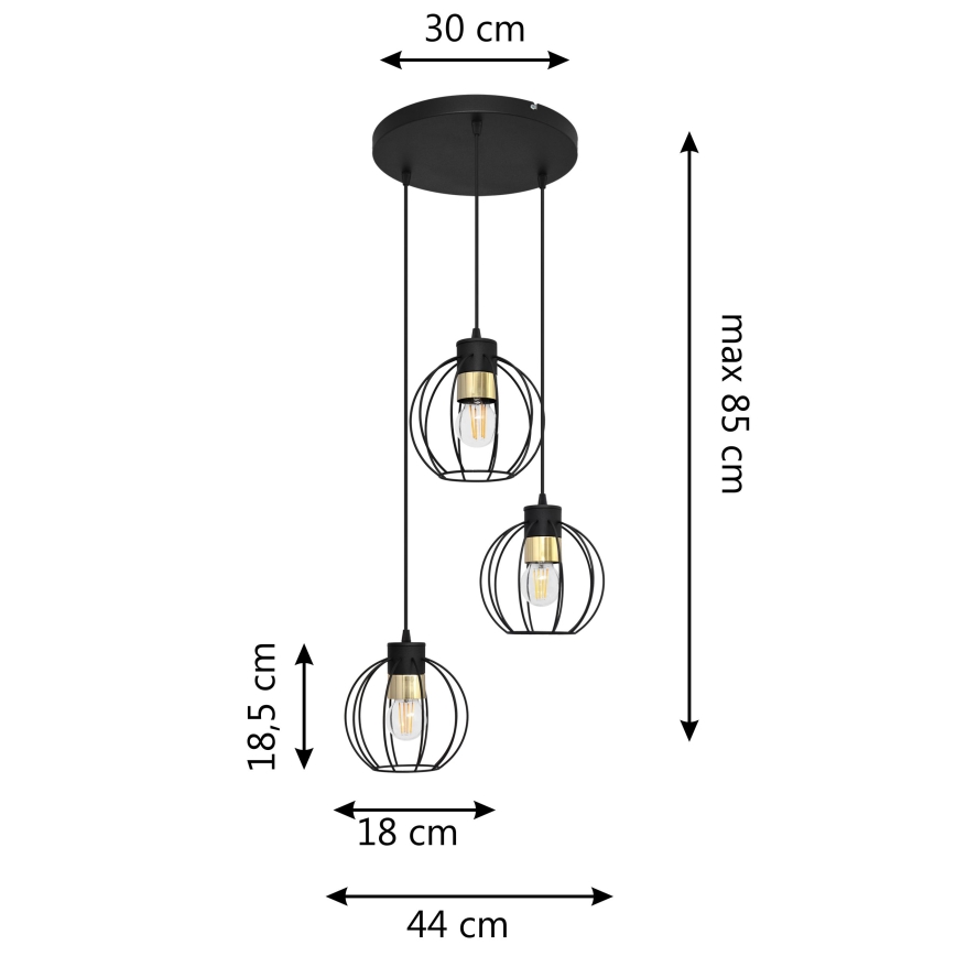 Lampadario a sospensione con filo STARLIGHT 3xE27/15W/230V nero/oro