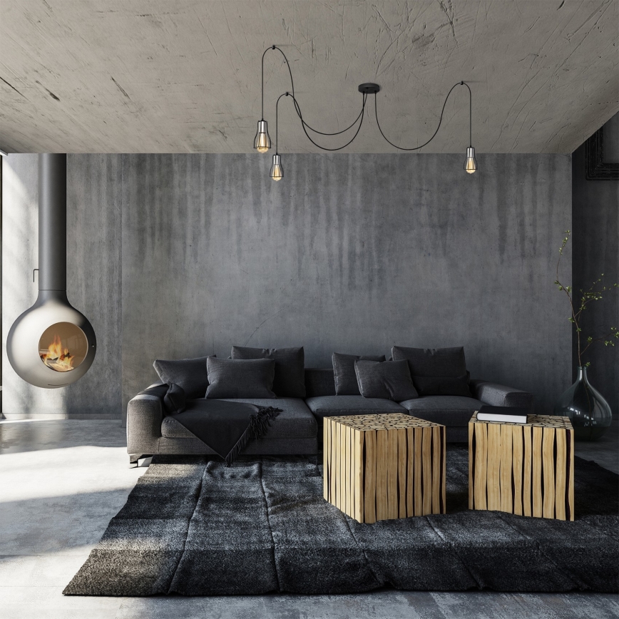 Lampadario a sospensione con filo TUBE 3xE27/10W/230V ragno nero/cromo lucido