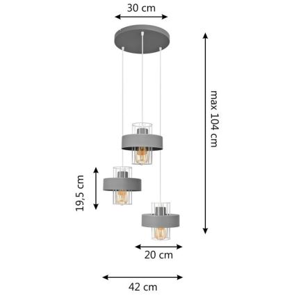 Lampadario a sospensione con filo VOLTA 3xE27/15W/230V diametro 42 cm grigio