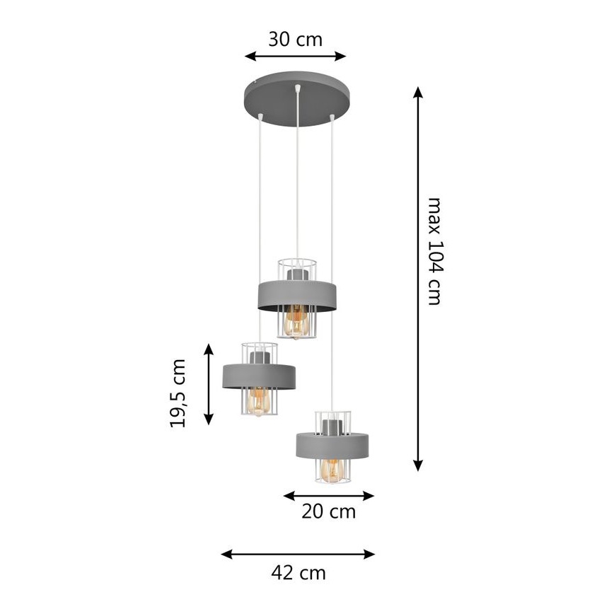 Lampadario a sospensione con filo VOLTA 3xE27/15W/230V diametro 42 cm grigio