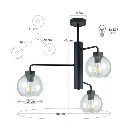 Lampadario a sospensione con supporto rigido FLEX 3xE27/60W/230V nero/limpido