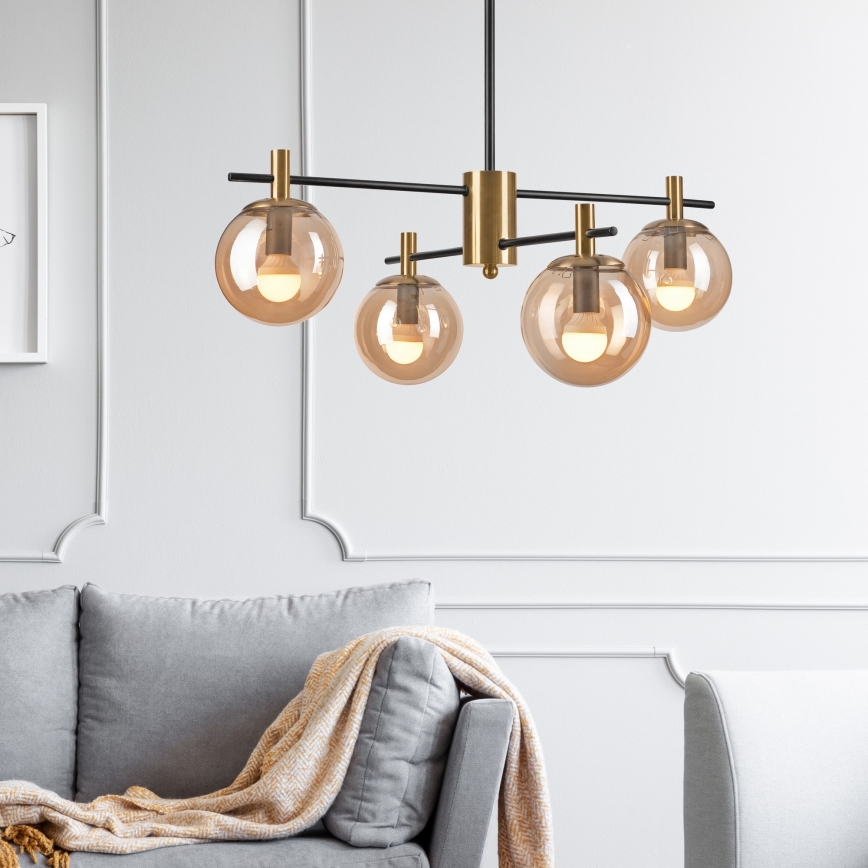 Lampadario a sospensione con supporto rigido LILOU 4xE14/5W/230V oro/nero/fumé beige
