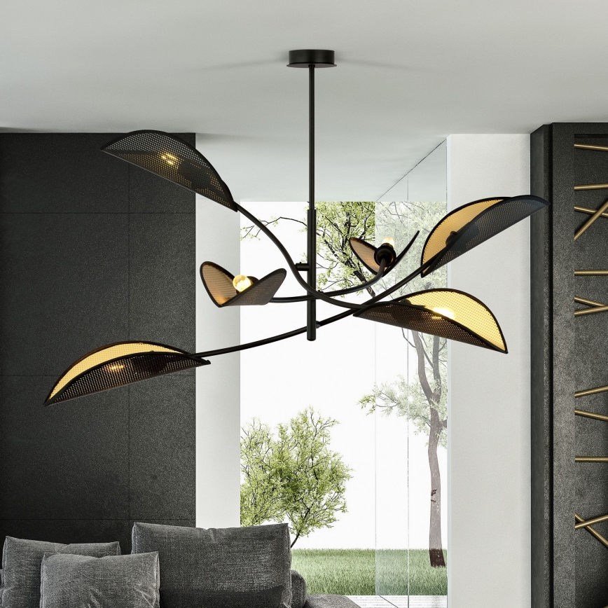 Lampadario a sospensione con supporto rigido LOTUS 6xE14/10W/230V nero/oro