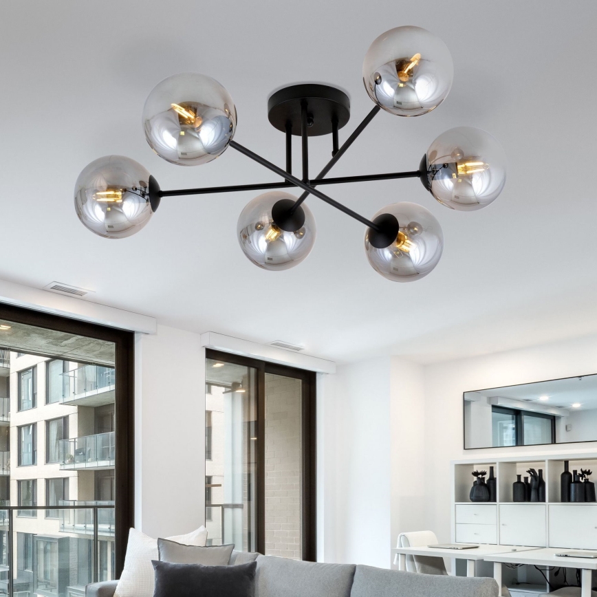 Lampadario a sospensione con supporto rigido ROMA 6xE14/10W/230V nero/fumé