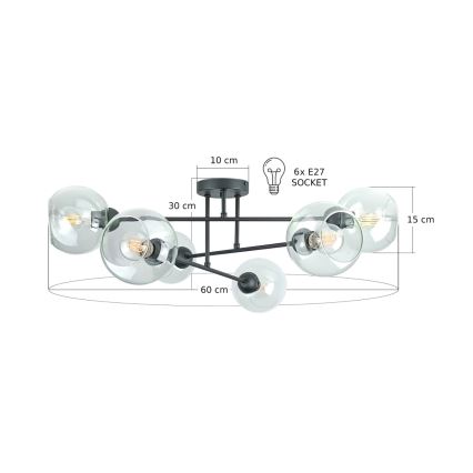 Lampadario a sospensione con supporto rigido VASCO 6xE27/60W/230V nero/limpido