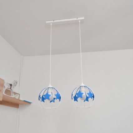 Lampadario a sospensione per bambini STARS 2xE27/15W/230V blu/bianco