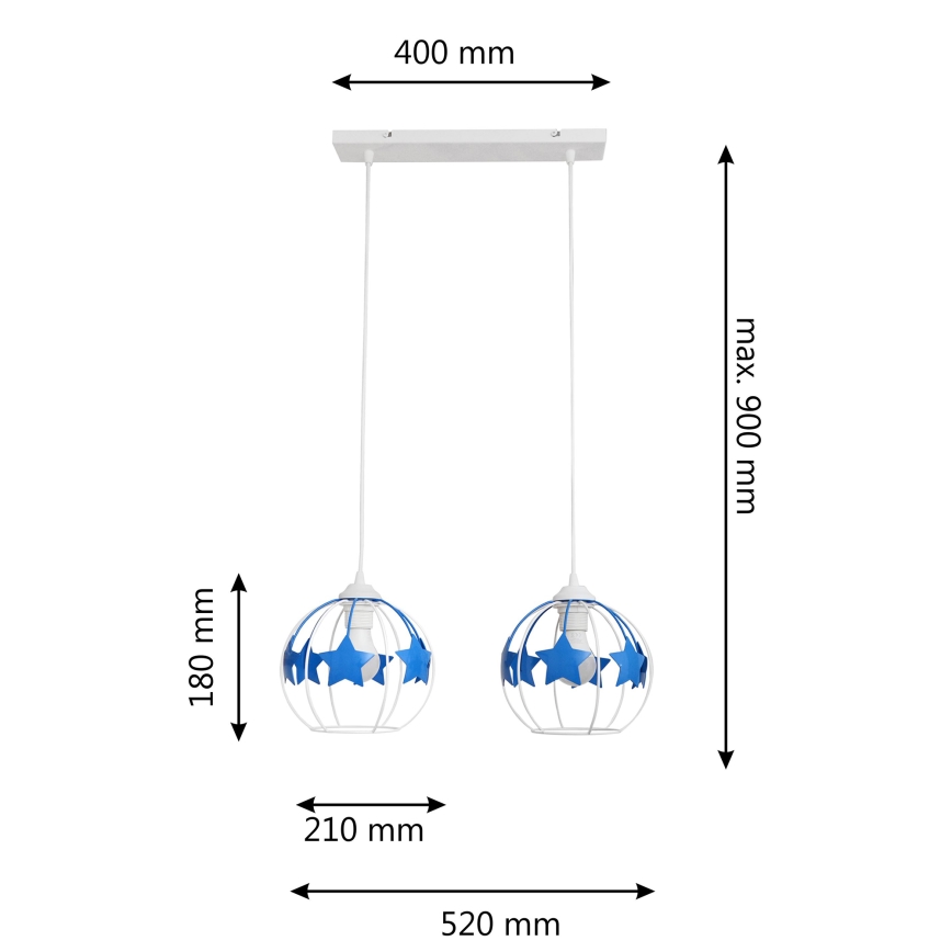 Lampadario a sospensione per bambini STARS 2xE27/15W/230V blu/bianco