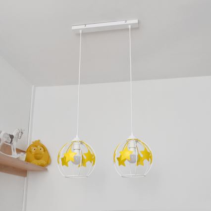 Lampadario a sospensione per bambini STARS 2xE27/15W/230V giallo/bianco