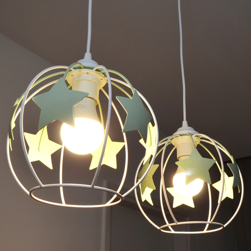 Lampadario a sospensione per bambini STARS 2xE27/15W/230V verde/bianco