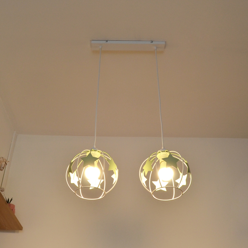 Lampadario a sospensione per bambini STARS 2xE27/15W/230V verde/bianco