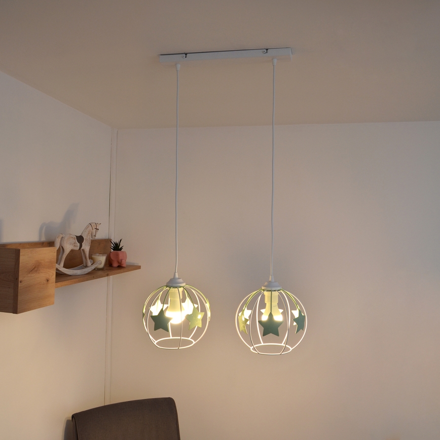 Lampadario a sospensione per bambini STARS 2xE27/15W/230V verde/bianco