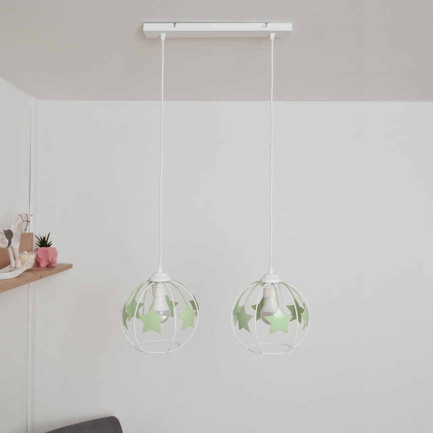 Lampadario a sospensione per bambini STARS 2xE27/15W/230V verde/bianco