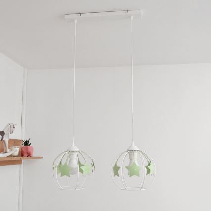 Lampadario a sospensione per bambini STARS 2xE27/15W/230V verde/bianco
